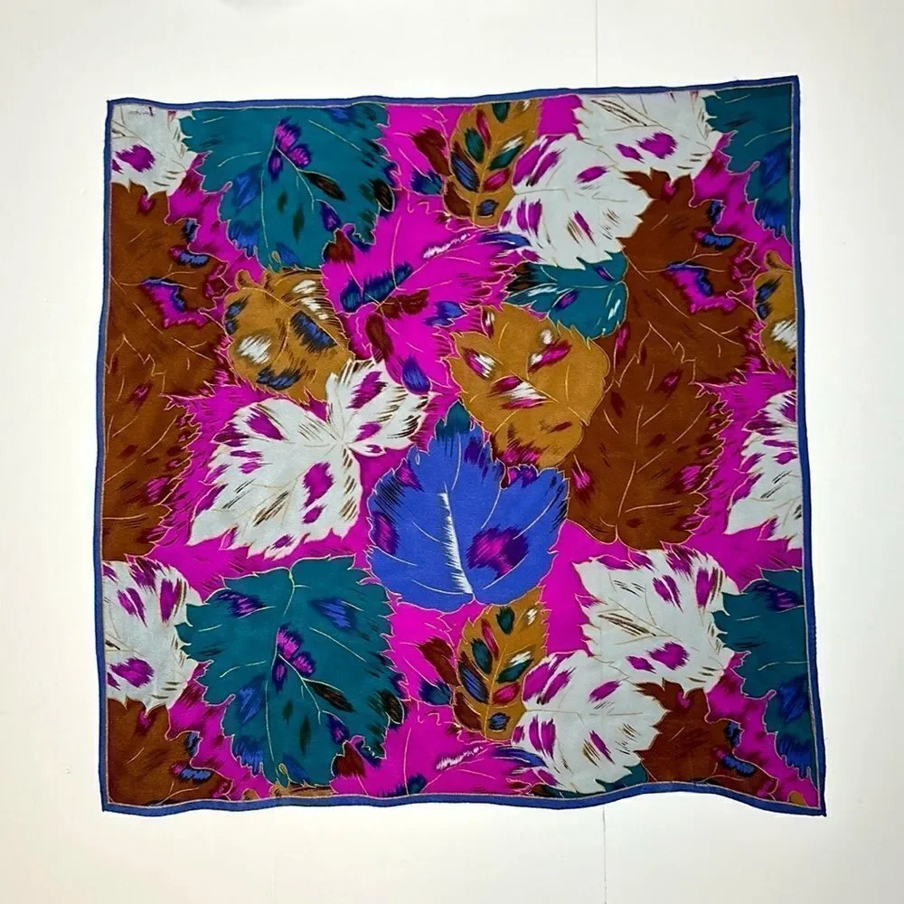 Albert Nipon for XIIX KARAT Silk Square Scarf Blue Magenta Tan Floral Vintage